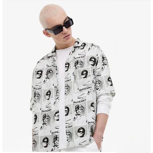 H&M x Outkast Shirt Mens XS Relaxed Ivory Black Graphic Button Camp Hip Hop Rap - Picture 1 of 10